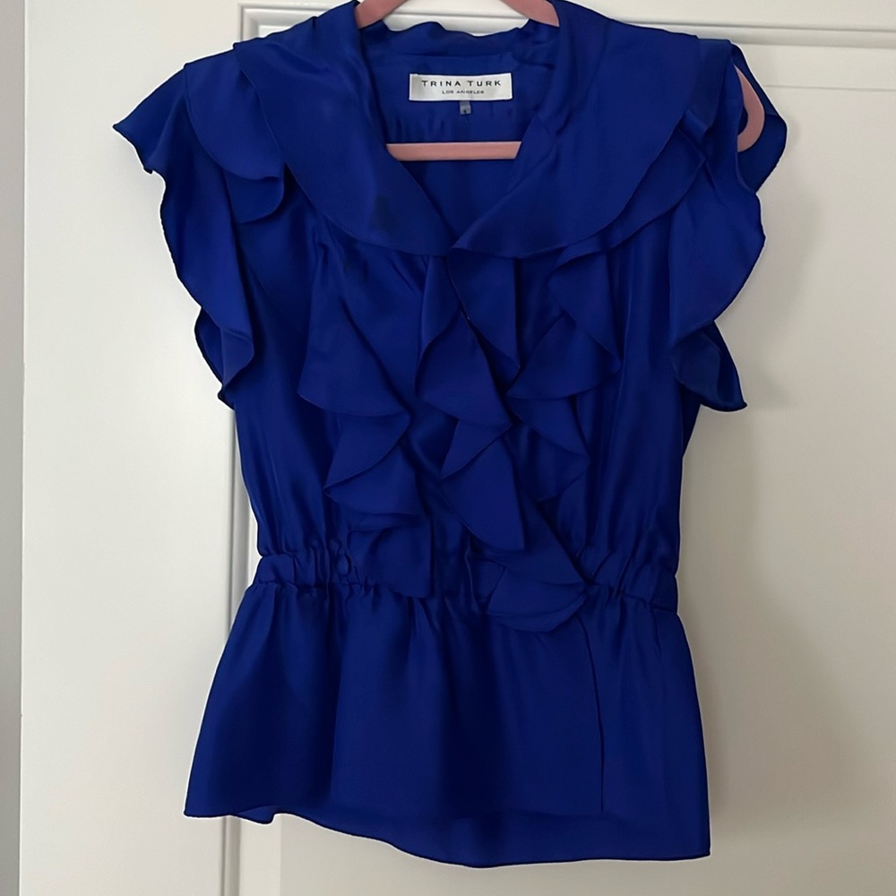 Trina Turk royal blue silk ruffled blouse
